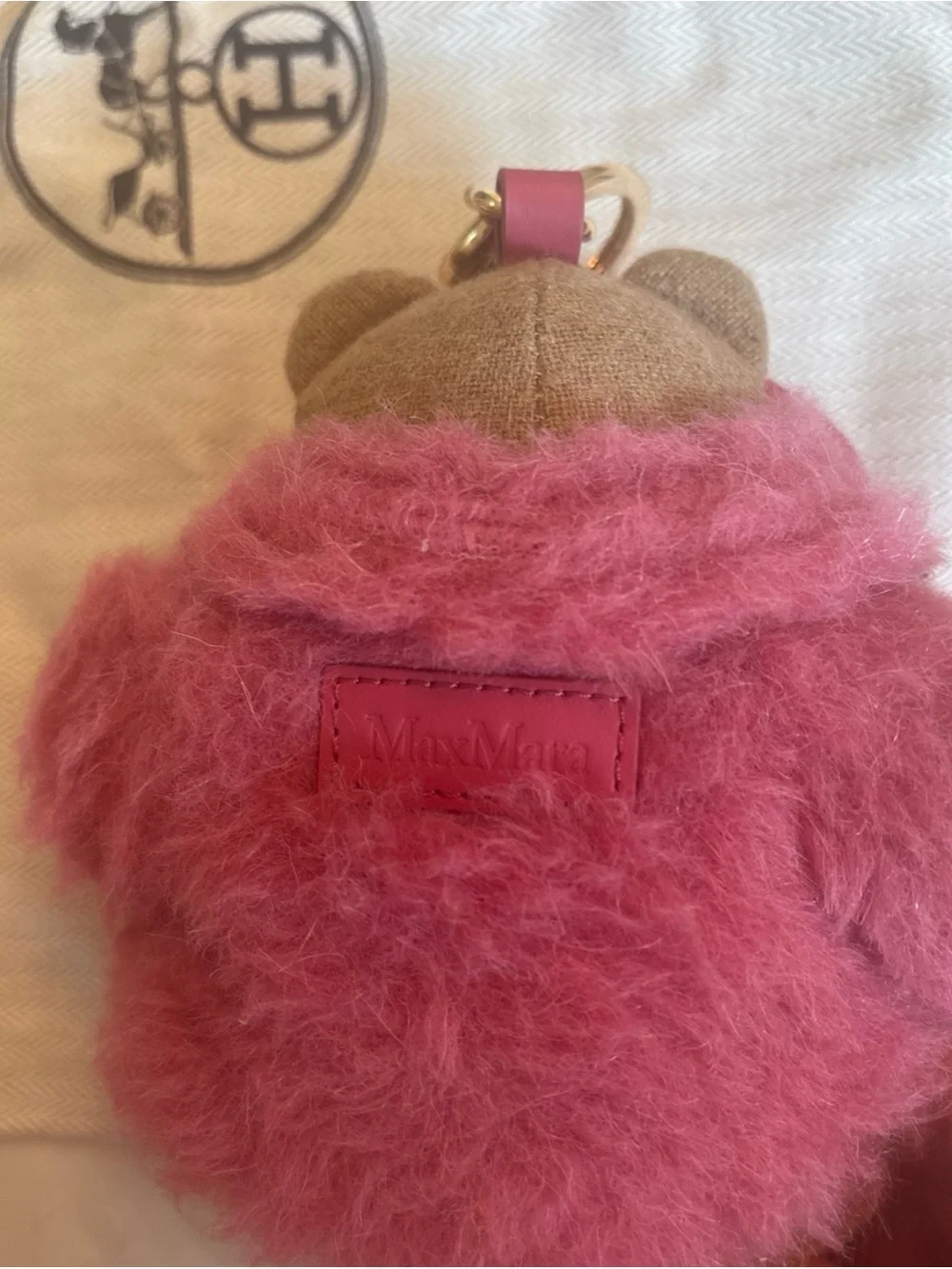 MaxMara Brown Bear Bag Charm with Pink Wool Fur Coat and Gold Hardware